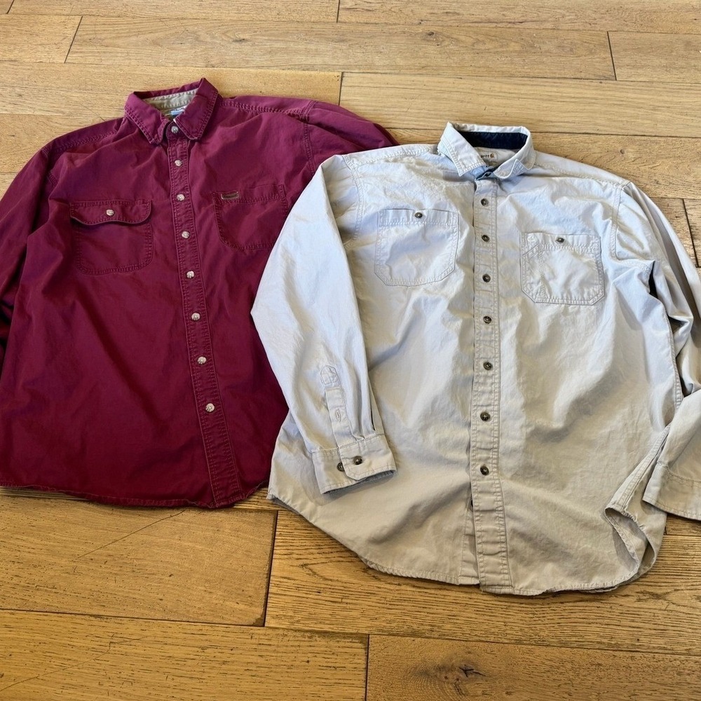 Carhartt Mens XL Tall Button Up‎ Shirt Burgundy Beige Work Utility Shirts (1068)
